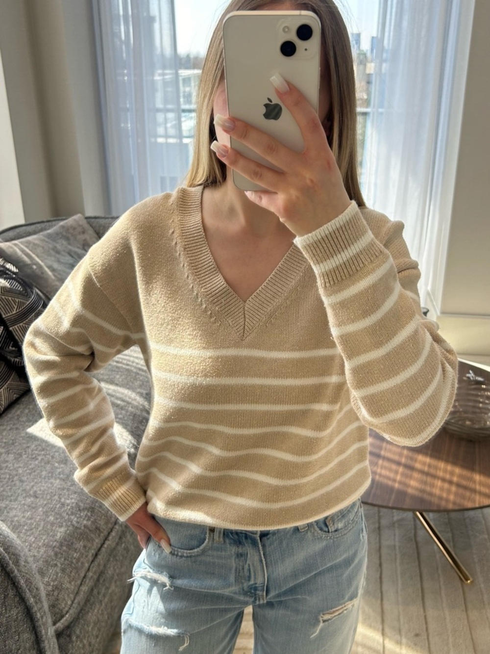 Banana Republic Beige and Cream Striped V-Neck Sweater